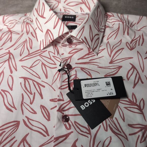 Hugo Boss White Red Floral Button Down Slim Fit Stretch Collar Shirt Large NWT - Picture 4 of 8